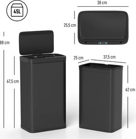 Balde do Lixo de Cozinha Automático 45 L com Sensor Infravermelho Fecho Suave 38x25,5x67,5 cm Preto