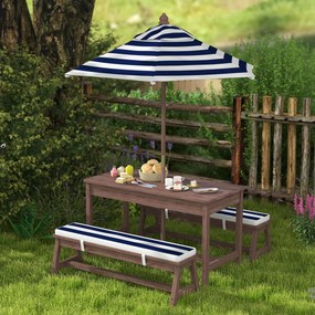 Conjunto de mobiliário de jardim para crianças, com almofadas e guarda-sol amovível, às riscas em azul-marinho e branco