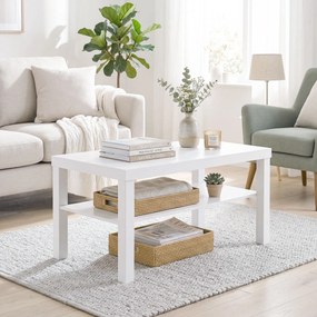 Mesa de Centro Mesa de Café para Sala com Prateleira Aberta Tampo Grosso para Sala Escritório 90x45x44,5 cm Branco