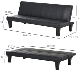 HOMCOM Sofá Cama de 3 Lugares Sofa 2 em 1 Dobrável sem Apoio para os Braços com Estrutura Resistente Pés Elevados Assento Acolchoado Carga 300kg 165x75,5x70cm Preto