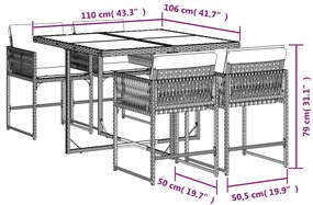 5 pcs conjunto de jantar p/ jardim c/ almofadões vime PE cinza