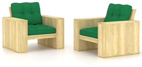 Cadeiras de jardim 2 pcs c/ almofadões verdes pinho impregnado