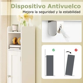 Armário estreito para casa de banho com porta e prateleiras ajustáveis, suporte para rolo de papel higiénico 18 x 19,5 x 80 cm Branco