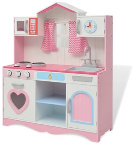 80179 vidaXL Cozinha de brincar, madeira, 82x30x100cm, rosa e branco