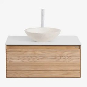 Conjunto De Móvel De Casa De Banho Suspenso 80x50 Cm Em Madeira De Freixo Tedrik Castanho Fresno & Cimento Redondo Branco Ø40 Cm Zavion & - Sklum