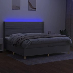 Cama box spring c/ colchão e LED 200x200 cm tecido cinza-claro