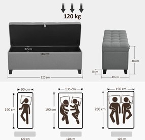 Banco com arrumação de 112 L, 120 x 40 x 48 cm banco de cabeceira em tecido de linho, assento estofado, cinzento escuro
