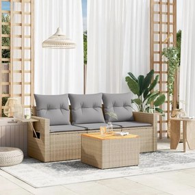 4 pcs conj. sofás jardim c/ almofadões vime PE bege misturado