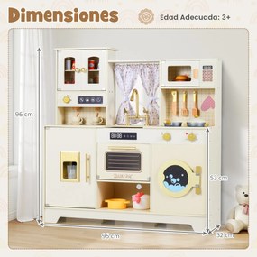 Cozinha de brincar em madeira para crianças 95 x 32 x 96 cm com forno micro-ondas, torneira e vários acessórios para maiores de 3 anos, bege