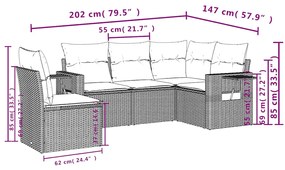 5 pcs conjunto sofás p/ jardim c/ almofadões vime PE castanho