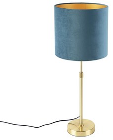 Candeeiro de mesa dourado/latão com abajur de veludo azul 25 cm - Parte Country / Rústico