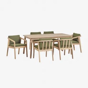 Conjunto De Mesa Retangular 180x90 Cm E 6 Cadeiras De Jardim Em Madeira De Acácia Kaela Marrom Acácia Claro & Bouclé Verde Sálvia - Sklum