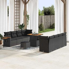 vidaXL Conjunto de Sofá de Jardim de 11 Peças com Almofadas Pretas de Rattan Poliéster Acácia