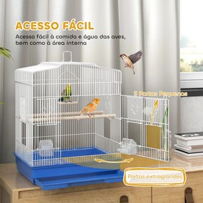 Gaiola para Pássaros Gaiola de Aço com 2 Recipientes 2 Poleiros Baloiço e Bandeja Removível Pega 46,5x36x59 cm Azul