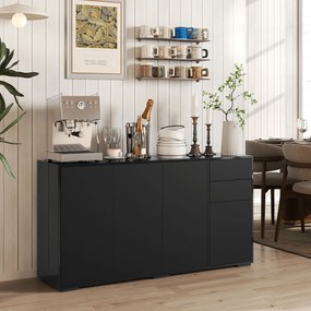Aparador com 2 gavetas deslizantes 140 x 36 x 74 cm, 4 portas e prateleira ajustável, em aglomerado, preto