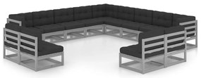 13 pcs conj. lounge jardim c/ almofadões pinho maciço cinzento