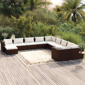 vidaXL 11 pcs conjunto lounge de jardim c/ almofadões vime PE castanho