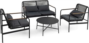 Conjunto de jardim, 4 peças, em vime com estrutura metálica e almofadas em rattan PE, 2 poltronas com mesa, para alpendre, jardim ou varanda, Cinzento