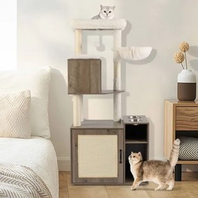Móvel para areia (CAIXA AREIA NÃO INCLUIDA) de gatos 2 em 1 com arranhador 72 x 45,5 x 155 cm, com 2 comedouros castanho