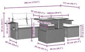 6 pcs conjunto de sofás p/ jardim com almofadões vime PE bege