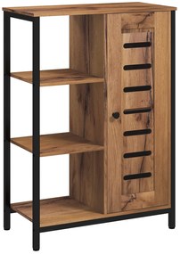 kleankin Móvel Auxiliar Casa de Banho com Porta de Ripas 3 Compartimentos Abertos Prateleira Ajustável 60x30x85 cm Castanho Rústico | Aosom Portugal