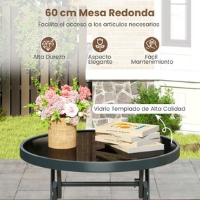 Conjunto de jardim dobrável de 3 peças para exterior com assento respirável e tampo de vidro temperado com estrutura metálica preta