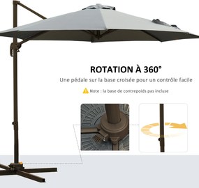 Guarda-sol octogonal inclinável Ø 3 x 2,5 m, com rotação de 360°, base em cruz, 8 cordas, manivela incluída, estrutura em alumínio e aço, cinzento
