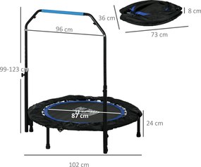 Trampolim de fitness e ginástica com pega ajustável, dobrável, 6 pés, 28 molas, Ø 102 cm, preto e azul
