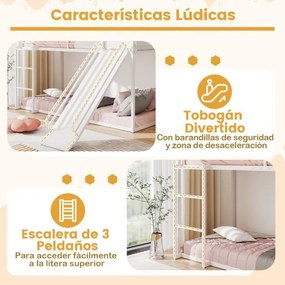 Cama Beliche Crianças 204 x 195 x 181,5 cm em forma de casa com escorrega (COLCHÃO E ACESSÓRIOS IMAGEM NÃO INCLUIDOS) com grade de segurança e escada