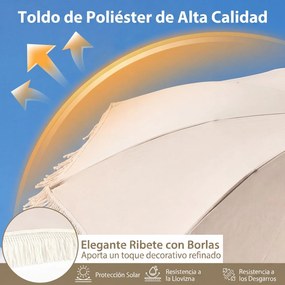Guarda-sol de praia com franjas, 200 cm, 12 varas, ângulo de inclinação ajustável, proteção solar, estilo boémio, para jardim, pátio ou piscina, bege