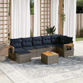 8 pcs conjunto sofás p/ jardim c/ almofadões vime PE cinzento