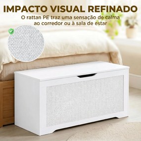 Baú de Arrumação 108 L com Painel de Ratã e Tampa com Braços de Apoio 80x40x45 cm Branco