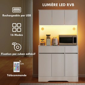 Armário de cozinha 100 x 38 x 180 cm com iluminação LED RGB, bancada, 6 portas, 2 gavetas, branco