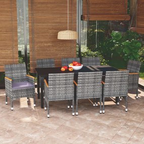vidaXL 9 pcs conjunto jantar p/ jardim c/ almofadões vime PE cinzento