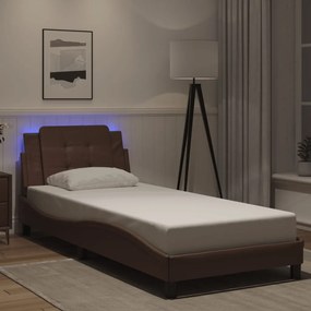vidaXL Estrutura cama c/ luzes LED 90x200 cm couro artificial castanho