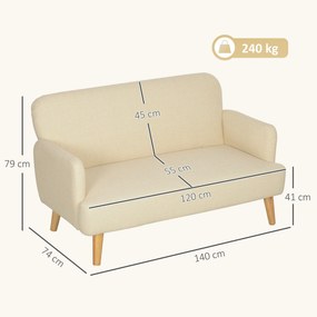 Sofá de 2 Lugares pequeno 140 cm em Veludo com Pés de Madeira de Seringueira para Sala de Estar branco creme