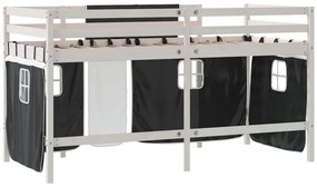 Cama alta criança c/ cortina 80x200cm pinho maciço branco/preto
