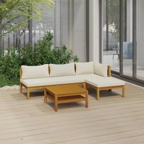 vidaXL 5 pcs conjunto lounge jardim c/ almofadões creme acácia maciça