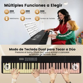 Teclado dobrável de 61 teclas com função Split 3 modos de ensino Microfone com alto-falantes duplos MP3 USB e MIDI 80 x 18,5 x 5,5 cm Preto