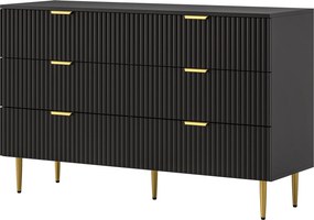 Cómoda de 6 gavetas, móvel de arrumação moderno para quarto com puxadores e pés dourados, 120 x 40 x 76,5 cm, preto