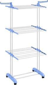 HOMCOM Estendal Dobrável Roupa com Rodas Estendal Vertical Aço 3 Níveis Laterais Dobráveis Prático Compacto 73x64x177cm Azul e Branco | Aosom Portugal