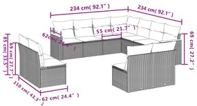 11 pcs conjunto sofás de jardim c/ almofadões vime PE preto
