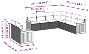 9 pcs conjunto sofás p/ jardim com almofadões vime PE cinzento