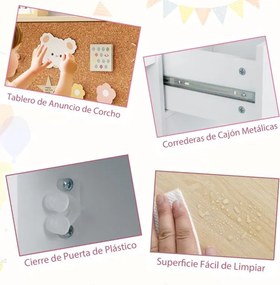 Conjunto de secretaria e cadeira infantil com estante, gaveta, armário, quadro de cortiça e banco com encosto inclinado 109,5 x 48 x 100,5 cm Natural