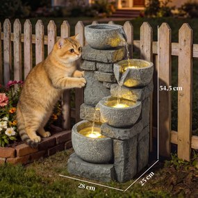 Fonte de Jardim com Iluminação LED e Bomba Decorativa em Cascata de 4 Níveis Fluxo Ajustável, Cinzento