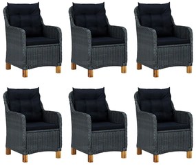 7 pcs conj. jantar exterior c/ almofadões vime PE cinza-escuro