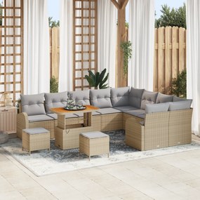Conjunto de Sofá de Jardim vidaXL de 12 Peças com Almofadas Bege Polirattan Acácia