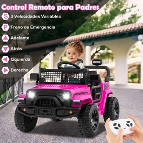 Carro elétrico para crianças 12V com comando à distância, volante, painel musical, buzina, faróis, espelhos rebatíveis e 4 rodas cor-de-rosa