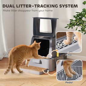 Caixa de Areia para Gatos de Aço Inoxidável XL com Tampa Articulada 180° Laterais Altas Pedal Pá 63x43x43 cm Cinzento Escuro
