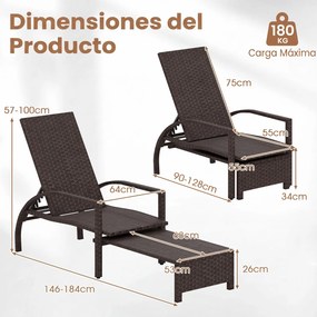Espreguiçadeira de Jardim, 146 x 64 x 57 cm, Encosto Ajustável em 6 Níveis, Castanho